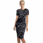 Black Dress Tunic Women Formal Work Office Sheath Patchwork Line Asymmetrical Neck Knee Length Plus Size Pencil Dress B63 B231