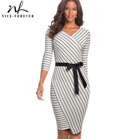 Nice-forever Elegant V-neck Stripes Office vestidos Business Party Bodycon Autumn Women Dress B548