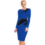 Black Dress Tunic Women Formal Work Office Sheath Patchwork Line Asymmetrical Neck Knee Length Plus Size Pencil Dress B63 B231