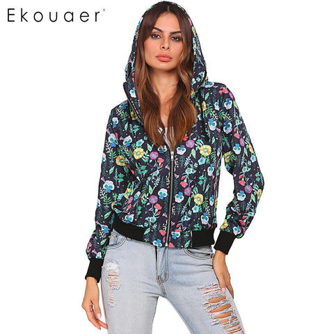 Ekouaer Women Hooded Short Jackets Coats Long Sleeve Floral Zip-up Rain Jacket Raincoat Ladies Waterproof Outwear