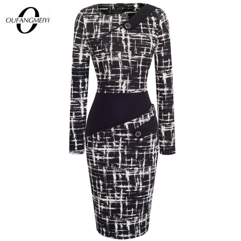 Black Dress Tunic Women Formal Work Office Sheath Patchwork Line Asymmetrical Neck Knee Length Plus Size Pencil Dress B63 B231