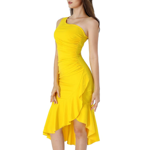 Vfemage Womens Sexy One Shoulder Ruched Ruffle Asymmetrical Cocktail Party Bodycon Pencil Mermaid Midi Dress 2590 US Warehouse