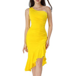 Vfemage Womens Sexy One Shoulder Ruched Ruffle Asymmetrical Cocktail Party Bodycon Pencil Mermaid Midi Dress 2590 US Warehouse