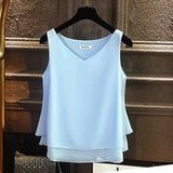Women blouse Summer New sleeveless Chiffon shirt Solid V-neck