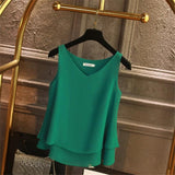 Women blouse Summer New sleeveless Chiffon shirt Solid V-neck