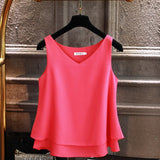 Women blouse Summer New sleeveless Chiffon shirt Solid V-neck