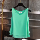 Women blouse Summer New sleeveless Chiffon shirt Solid V-neck