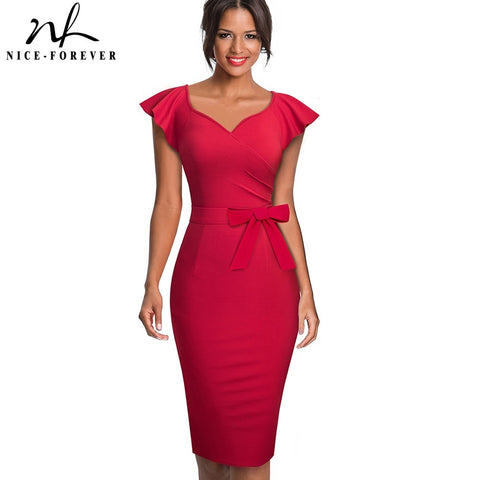 Nice-forever Elegant Pure color Ruffle Sleeve Office Work vestidos Business Party Bodycon Women Pencil Dress B577