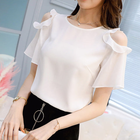 Softu Women's Fashion Summer Cooling Top Blouse Chiffon Ruffles Short Sleeve Off Shoulder Blusas White Black Red Color Plus Size
