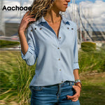 Aachoae Women Tops Blouses 2020 Spring Pure Long Sleeve Blouse Shirt Turn Down Collar Chiffon Blouse Office Shirts Blusas Camisa