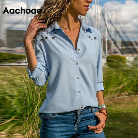 Aachoae Women Tops Blouses 2020 Spring Pure Long Sleeve Blouse Shirt Turn Down Collar Chiffon Blouse Office Shirts Blusas Camisa