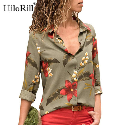 HiloRill Women Blouses 2020 Floral Print Long Sleeve Turn Down Collar Blouse Shirt Striped Tunic Plus Size Blusa Chemisier Femme