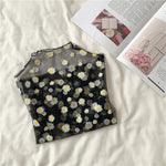 Summer Autumn Women Casual Mesh Pattern Daisy Flower Printed Blouse Tops Girls Mesh Shirts See Through Shirt For Female