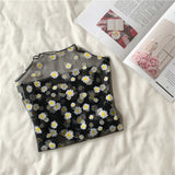Summer Autumn Women Casual Mesh Pattern Daisy Flower Printed Blouse Tops Girls Mesh Shirts See Through Shirt For Female