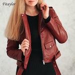 Fitaylor 2020 Spring Autumn Women Faux Soft Leather Jacket Long Sleeve Pink Biker Coat Zipper Design Motorcycle PU Red Jacket