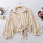HELIAR Chiffon Shirts Women 2020 Summer Half Sleeve Buttoned Up Shirt Loose Casual Blouse Tied Waist Elegant Blouses For Women