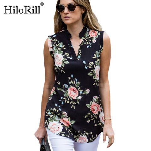 HiloRill Vintage Floral Print Blouse Shirt 2020 Summer Sleeveless Chiffon Blouse Sexy V Neck Women Shirts Casual Loose Chemise