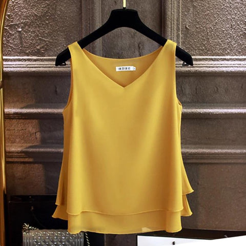 Women blouse Summer New sleeveless Chiffon shirt Solid V-neck
