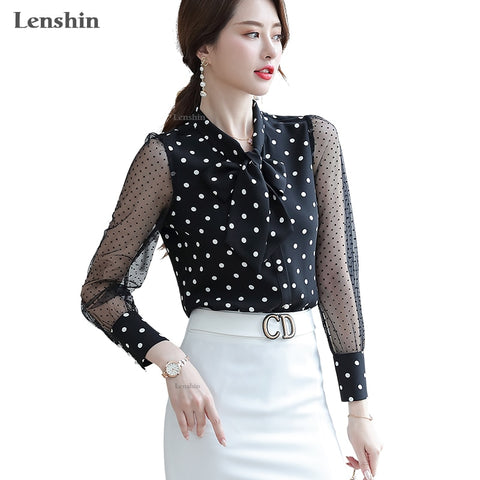 Lenshin Polka Dot Transparent Mesh Shirt Breathable Soft Blouse with Tie Women Female Wear Casual Style Office Lady Tops