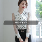 Lenshin Polka Dot Transparent Mesh Shirt Breathable Soft Blouse with Tie Women Female Wear Casual Style Office Lady Tops