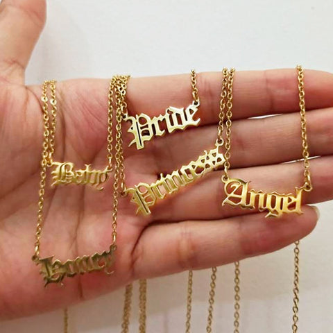 Gothic Initial Custom Letter Necklace Princess Stainless Steel Chain Old English Necklace Zodiac Jewelry