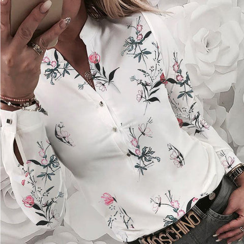 Women's Flower Heart Print Blouse 2020 Spring Summer Fashion Casual Long Sleeve V Neck Shirt Ladies Elegant Buttons Dating Tops