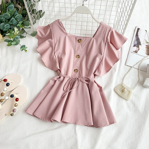 Summer Flavor Square Collar Flying Sleeve Single-Breasted Waist Lace-up Ruffle Hem Doll Shirt Women's Shirt Chiffon Shirt