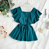 Summer Flavor Square Collar Flying Sleeve Single-Breasted Waist Lace-up Ruffle Hem Doll Shirt Women's Shirt Chiffon Shirt