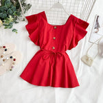 Summer Flavor Square Collar Flying Sleeve Single-Breasted Waist Lace-up Ruffle Hem Doll Shirt Women's Shirt Chiffon Shirt