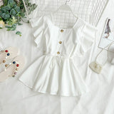 Summer Flavor Square Collar Flying Sleeve Single-Breasted Waist Lace-up Ruffle Hem Doll Shirt Women's Shirt Chiffon Shirt