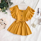 Summer Flavor Square Collar Flying Sleeve Single-Breasted Waist Lace-up Ruffle Hem Doll Shirt Women's Shirt Chiffon Shirt