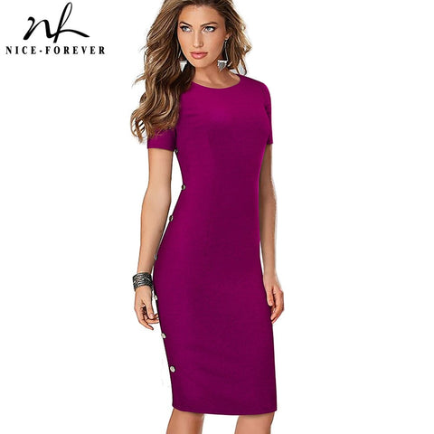 Nice-forever Elegant Vintage Solid Color Round Neck Work Button vestidos Business Party Sheath Office Women Bodycon Dress B499